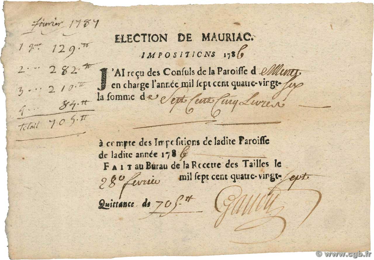 705 Livres FRANCE Regionalismus und verschiedenen Menet, Election de Mauriac 1791  SS to VZ