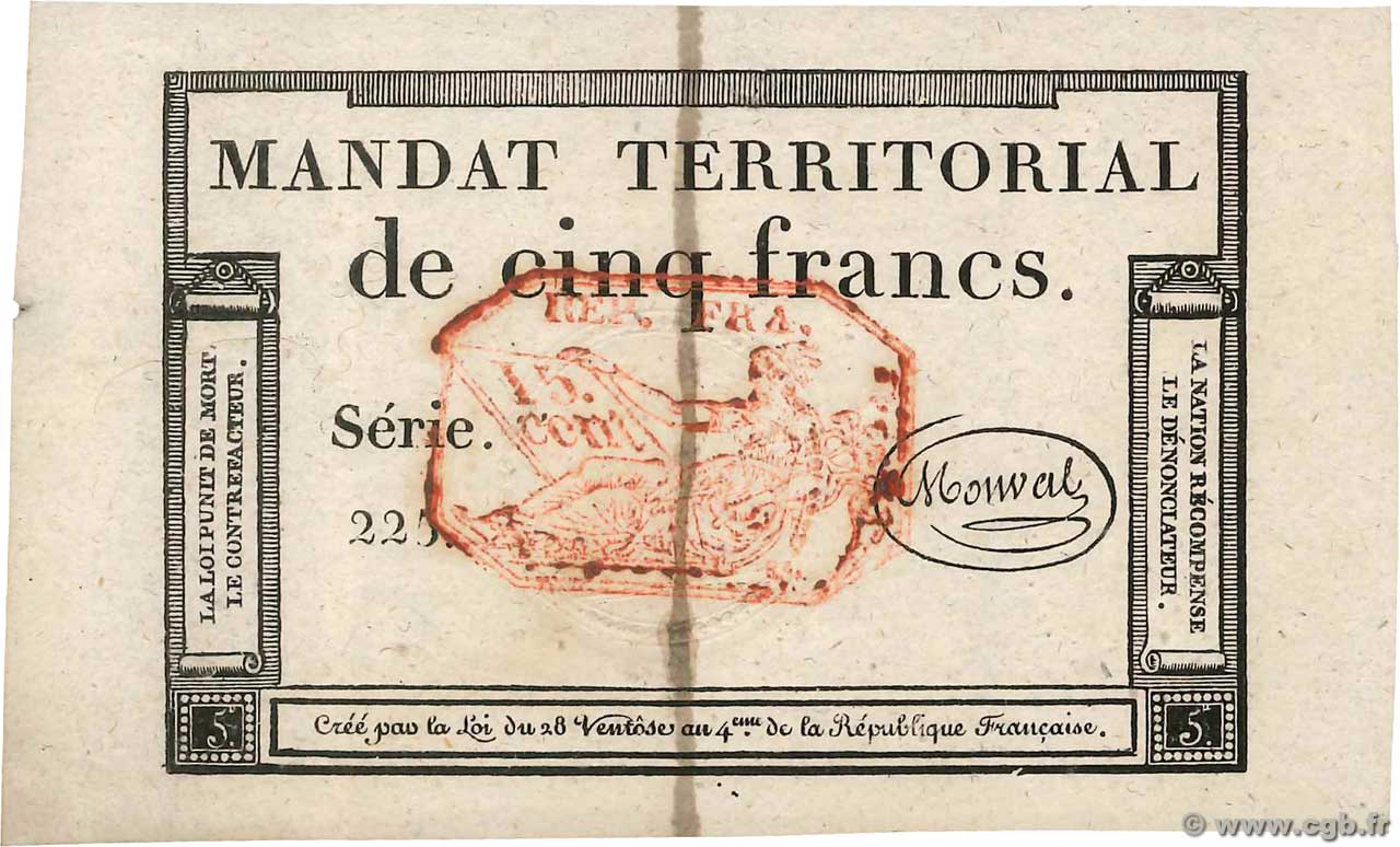 5 Francs Monval cachet rouge FRANCE  1796 Ass.63c SPL+