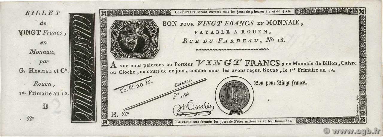 20 Francs Non émis FRANCE  1803 PS.245b NEUF