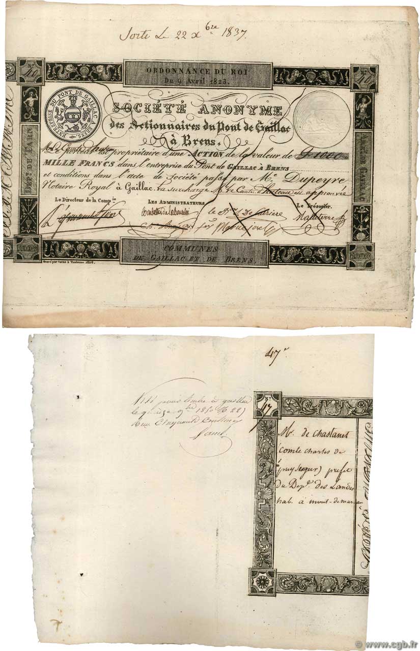 1000 Francs FRANCE Regionalismus und verschiedenen Gaillac et Brens 1826  SS