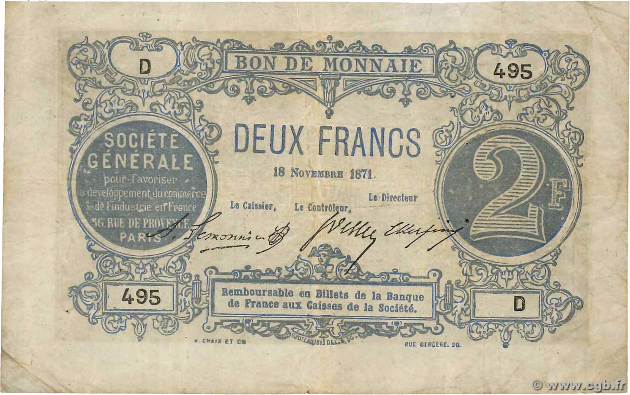 2 Franc Société Générale FRANCE regionalism and various Paris 1871 JER.75.02B F