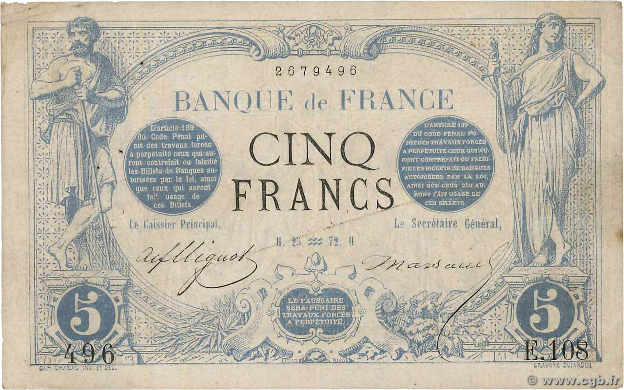 5 Francs NOIR FRANCE  1872 F.01.02 VF