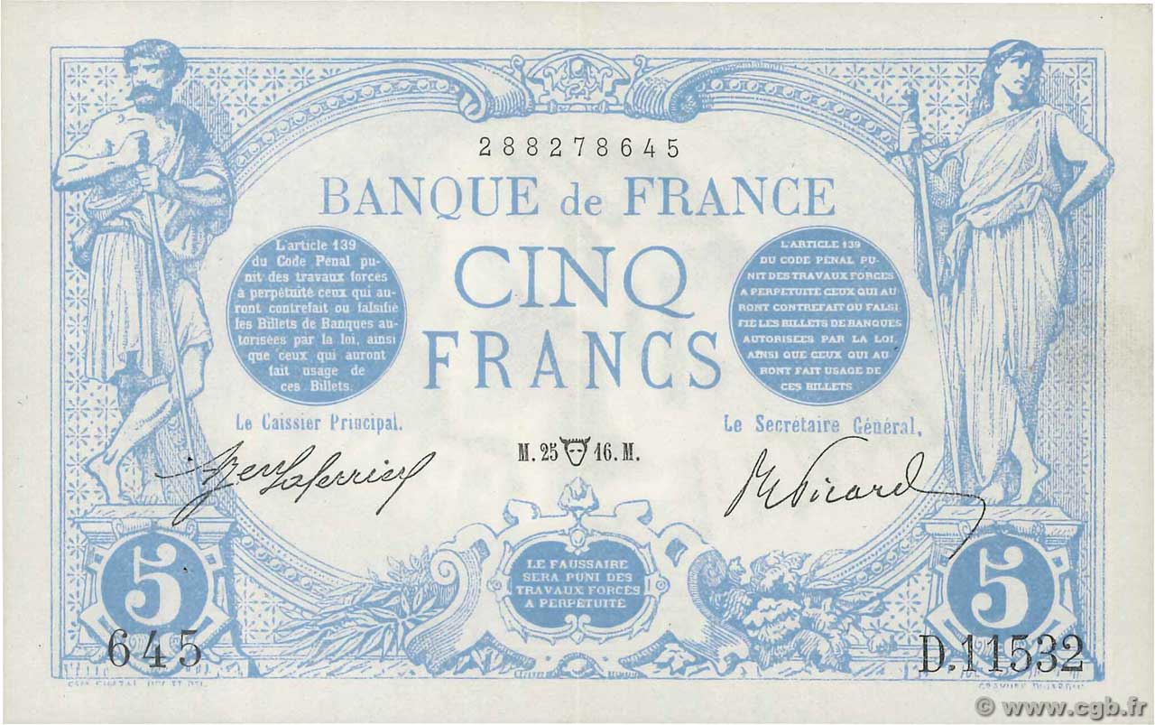 5 Francs BLEU FRANCIA  1916 F.02.38 EBC+