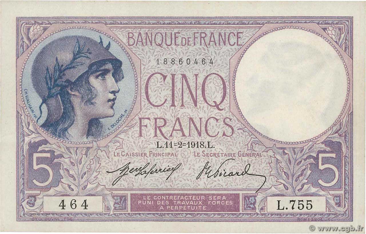 5 Francs FEMME CASQUÉE FRANCIA  1918 F.03.02 EBC+