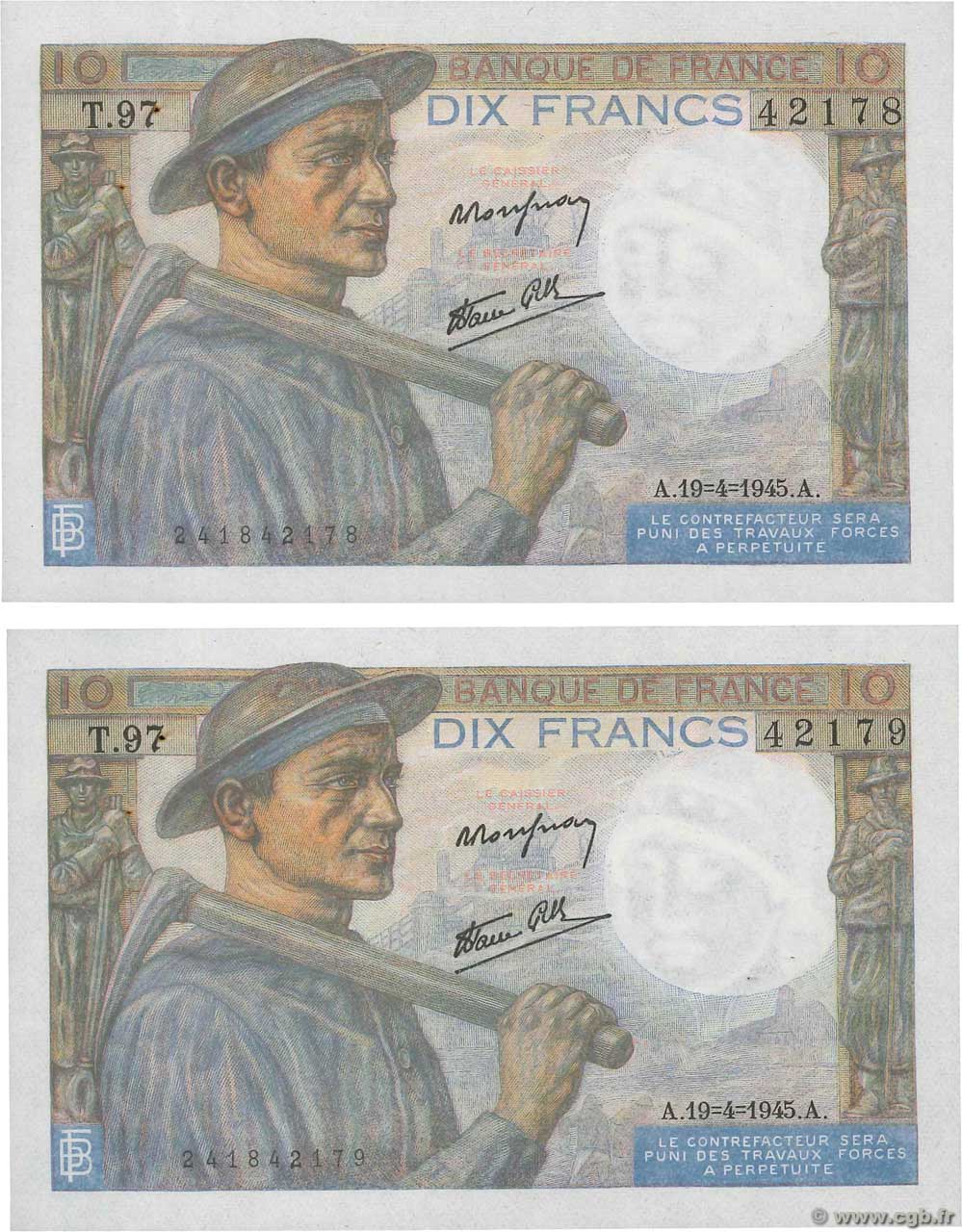 10 Francs MINEUR Consécutifs FRANCE  1944 F.08.13 AU