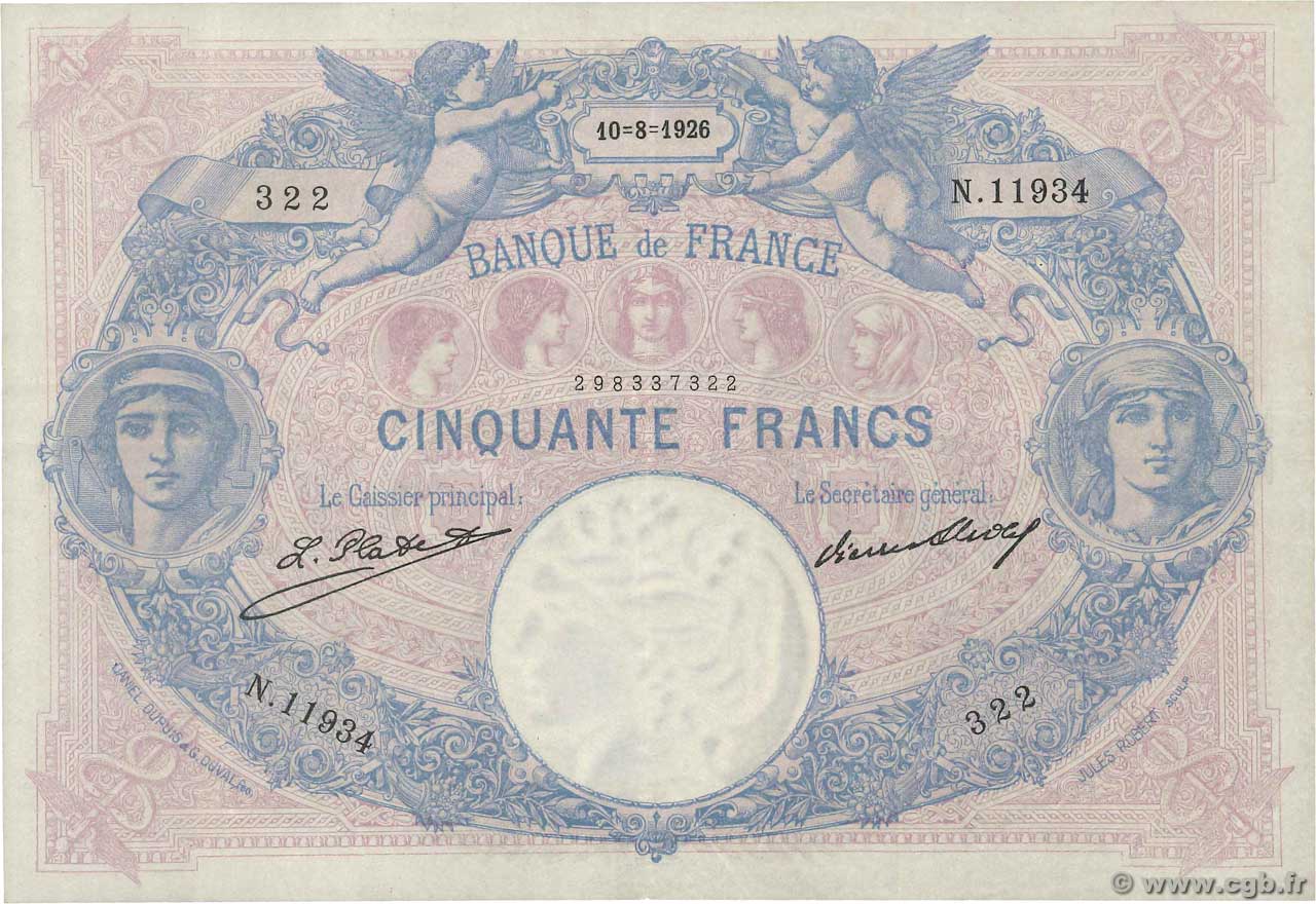 50 Francs BLEU ET ROSE FRANCE  1926 F.14.39 TTB