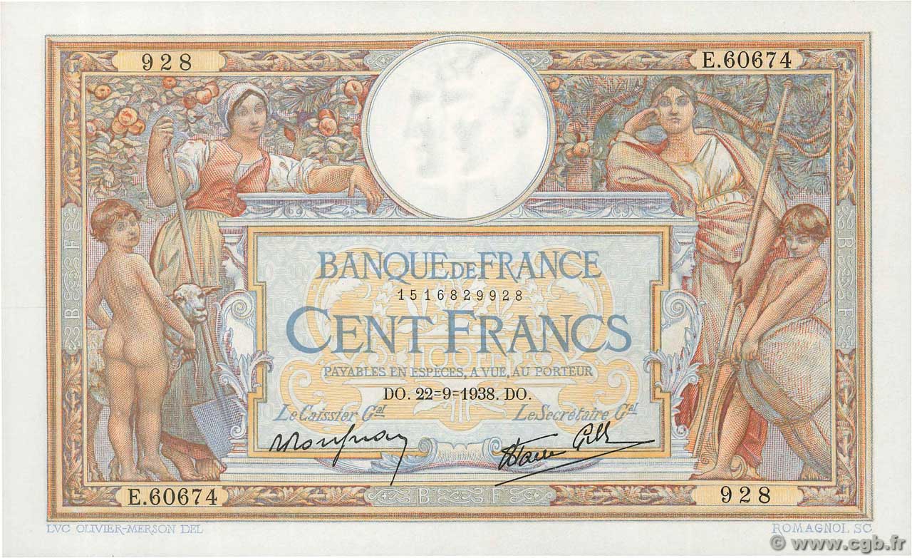 100 Francs LUC OLIVIER MERSON type modifié FRANCE  1938 F.25.29 AU