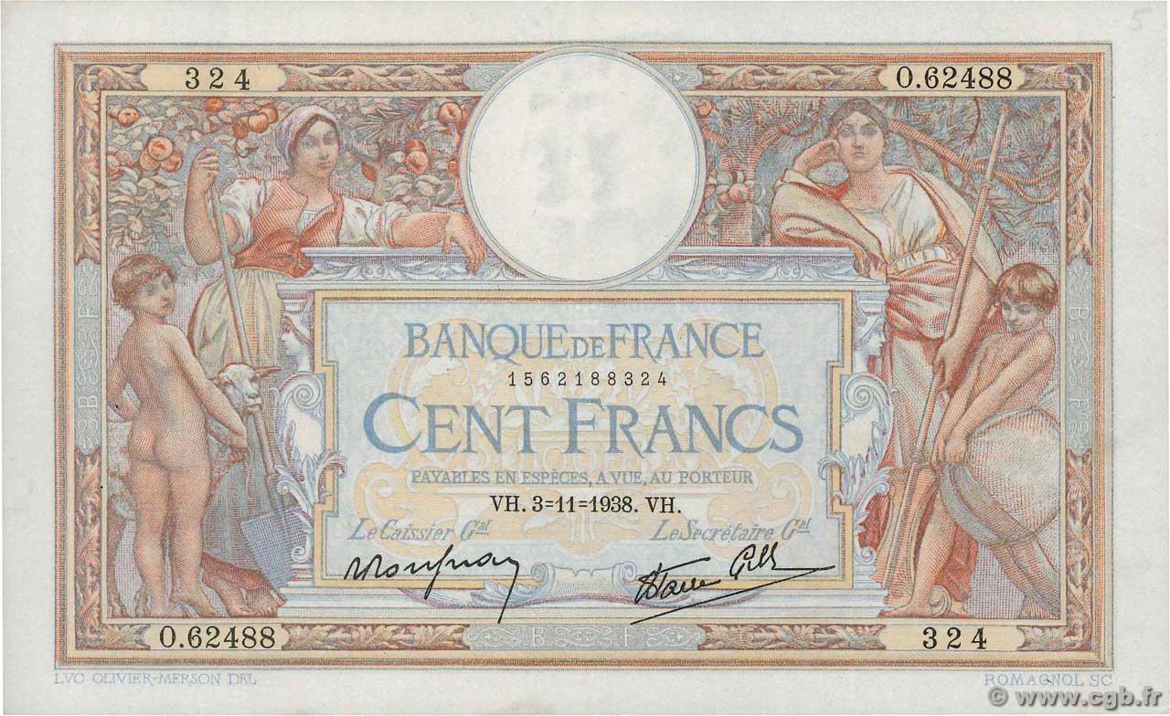 100 Francs LUC OLIVIER MERSON type modifié FRANKREICH  1938 F.25.34 VZ