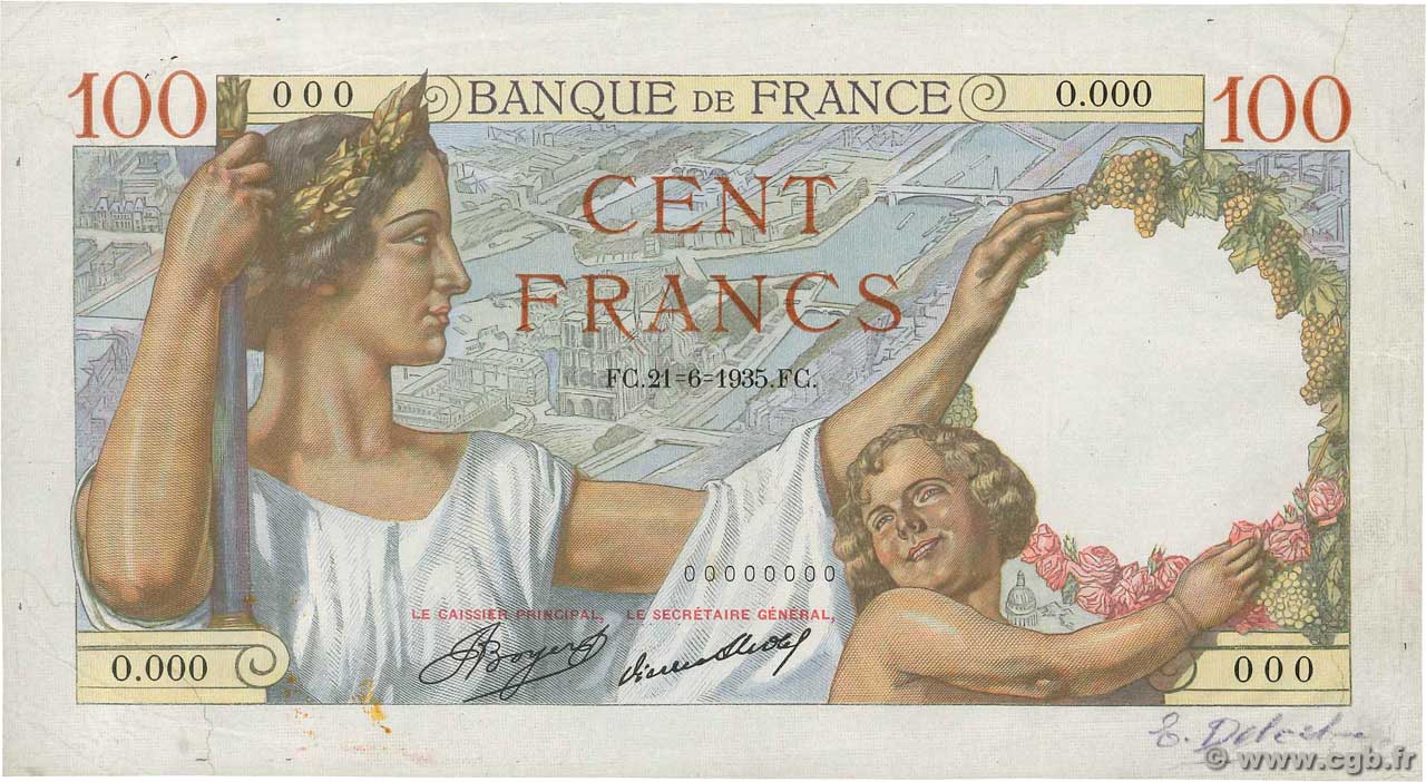 100 Francs SULLY Épreuve FRANCIA  1935 F.26.00Ed EBC