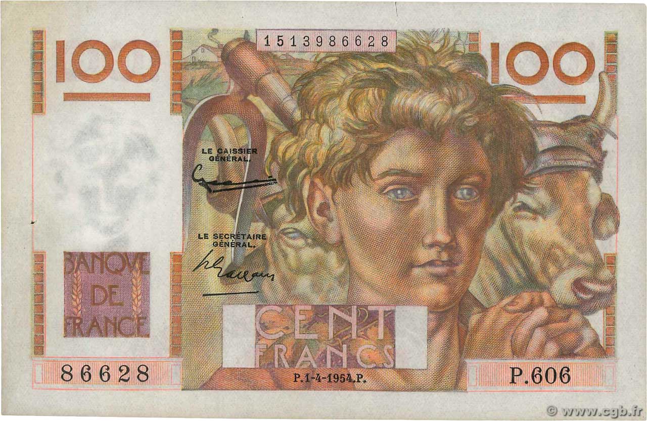 100 Francs JEUNE PAYSAN FRANCE  1954 F.28.43a VF+