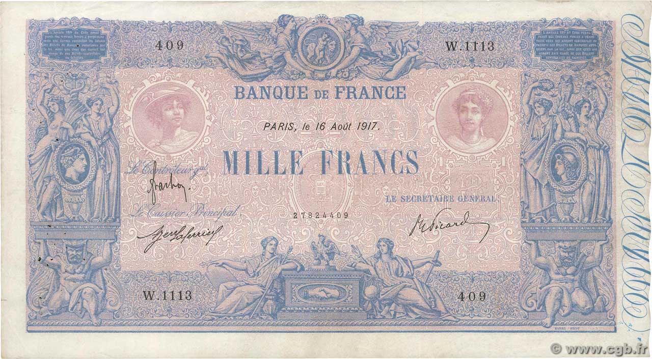 1000 Francs BLEU ET ROSE FRANCE  1917 F.36.31 VF