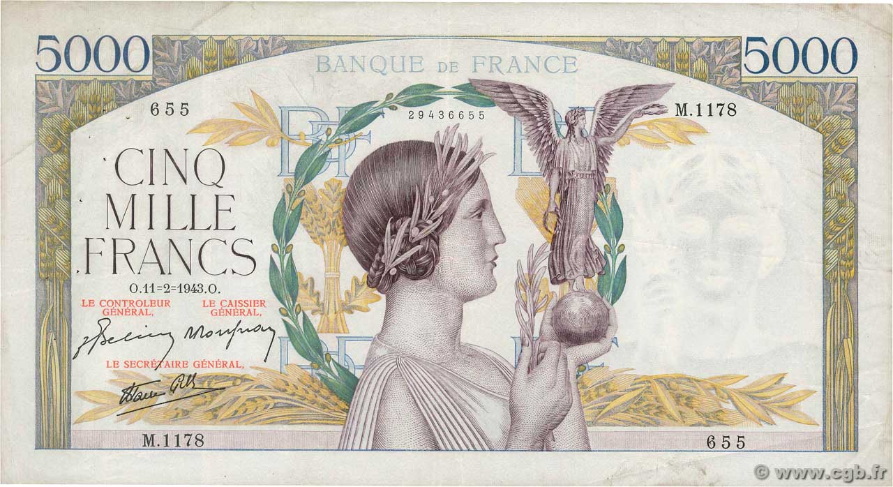 5000 Francs VICTOIRE Impression à plat FRANKREICH  1943 F.46.47 fSS