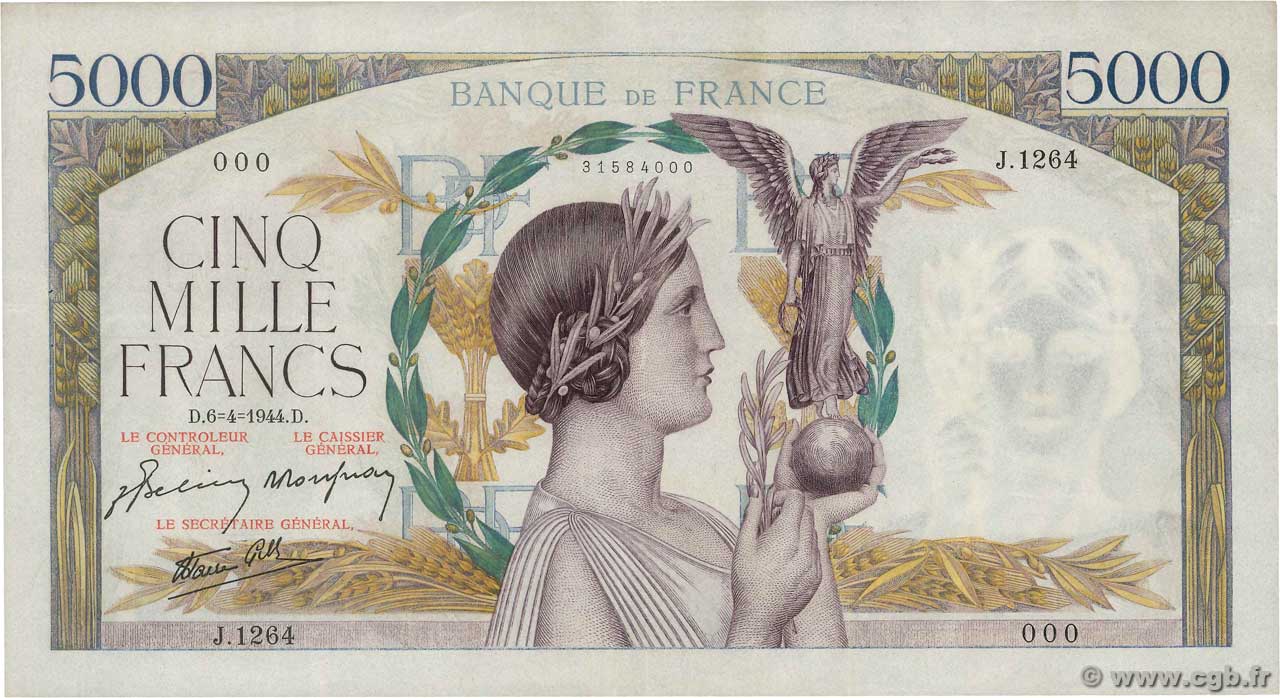 5000 Francs VICTOIRE Impression à plat Numéro spécial FRANCE  1944 F.46.51 VF+