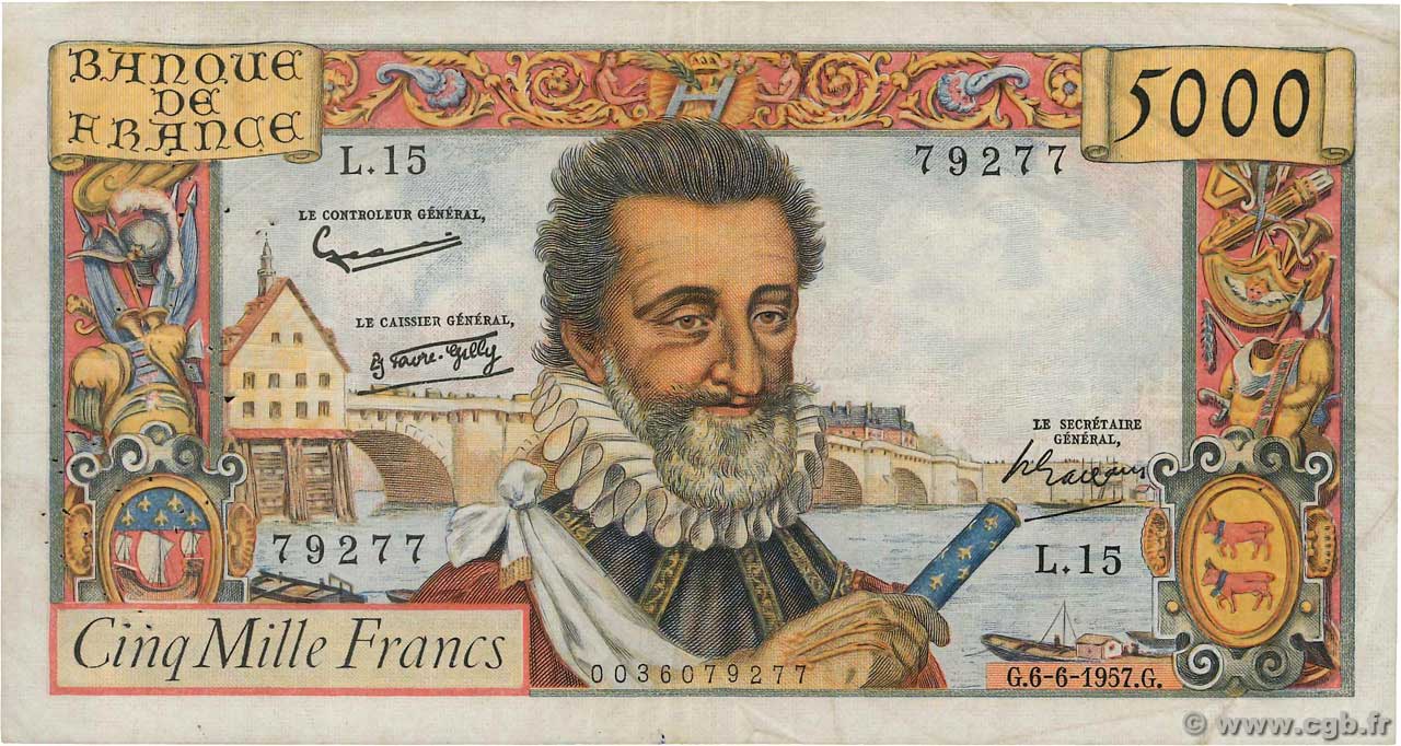 5000 Francs HENRI IV FRANCIA  1957 F.49.02 MB