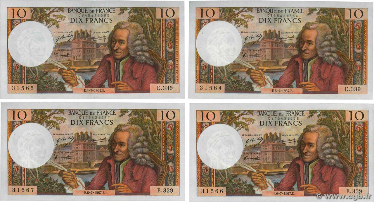10 Francs VOLTAIRE Consécutifs FRANCE  1967 F.62.27 pr.SPL