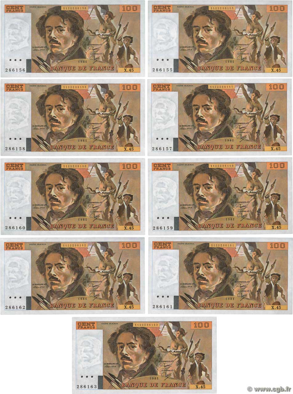 100 Francs DELACROIX modifié Consécutifs FRANCE  1981 F.69.05 UNC-