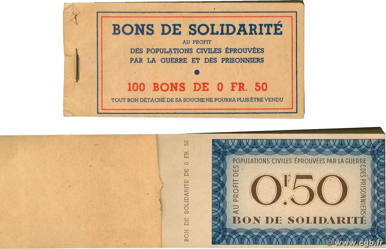50 Centimes BON DE SOLIDARITÉ Liasse FRANCE régionalisme et divers  1941 KL.01A SPL+