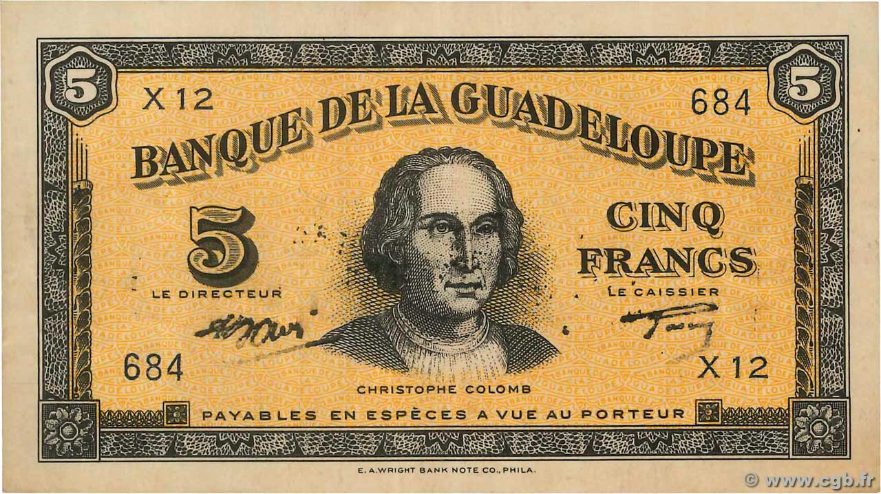 5 Francs GUADELOUPE  1945 P.21b TTB