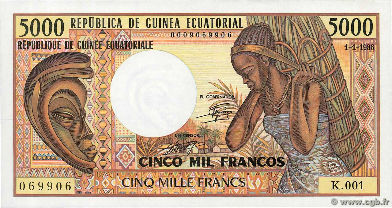 5000 Francs GUINÉE ÉQUATORIALE  1986 P.22b pr.NEUF