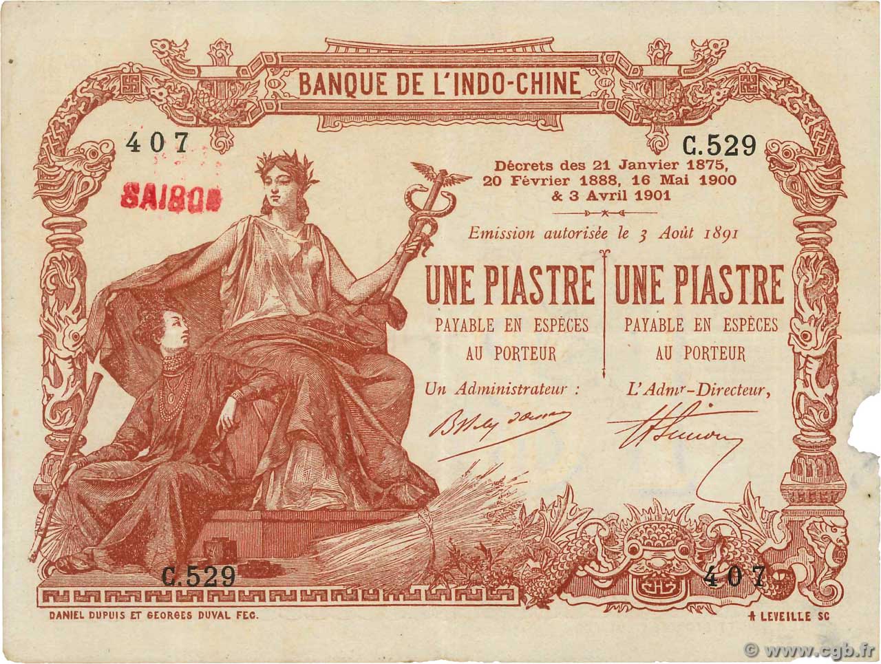 1 Piastre - 1 Piastre FRANZÖSISCHE-INDOCHINA Saïgon 1909 P.034b fSS