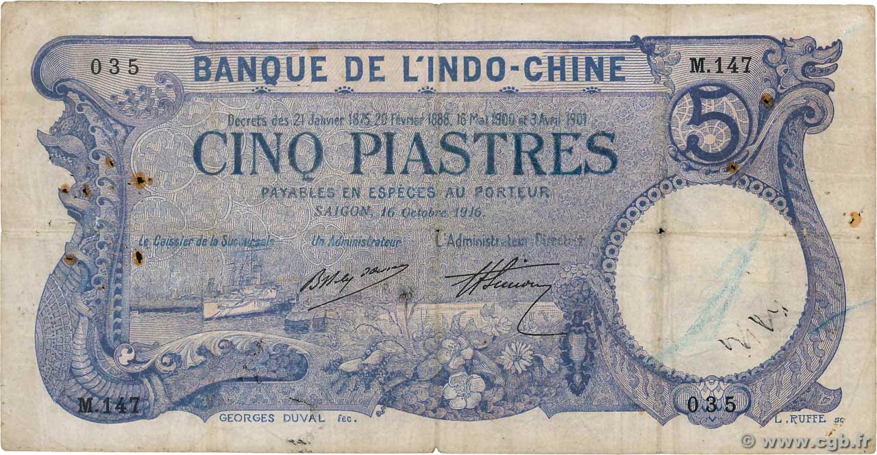 5 Piastres FRENCH INDOCHINA Saïgon 1916 P.037b G