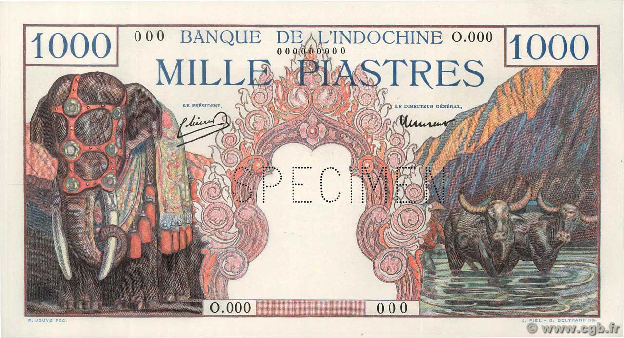 1000 Piastres Spécimen INDOCHINE FRANÇAISE  1951 P.084s1 NEUF