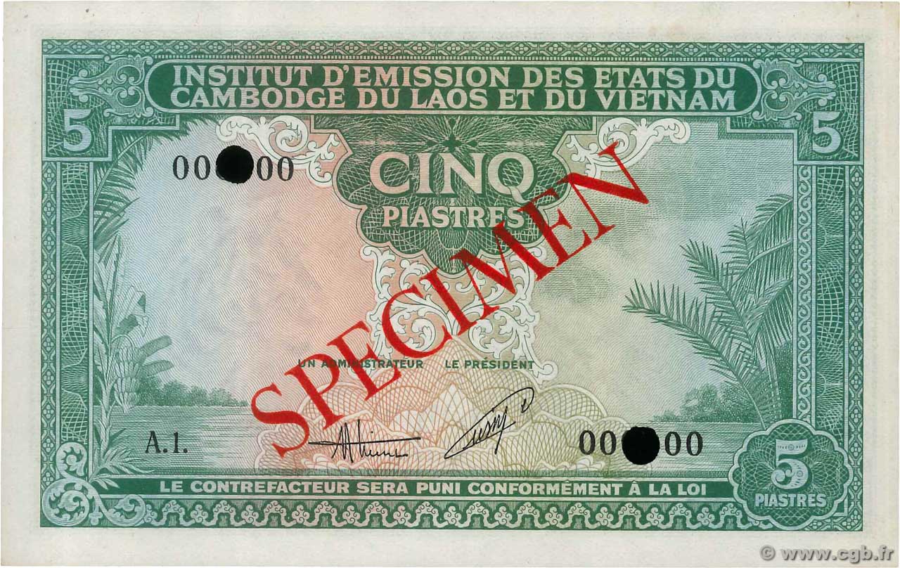 5 Piastres - 5 Dong Spécimen FRENCH INDOCHINA  1953 P.106s AU