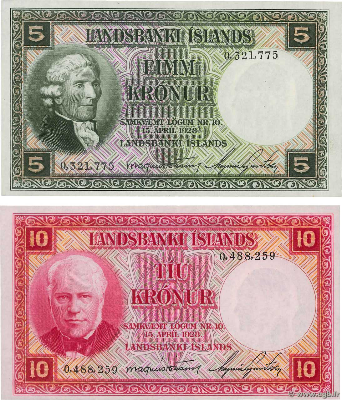 5 et 10 Kronur Lot ISLANDIA  1948 P.32a et P.33 FDC