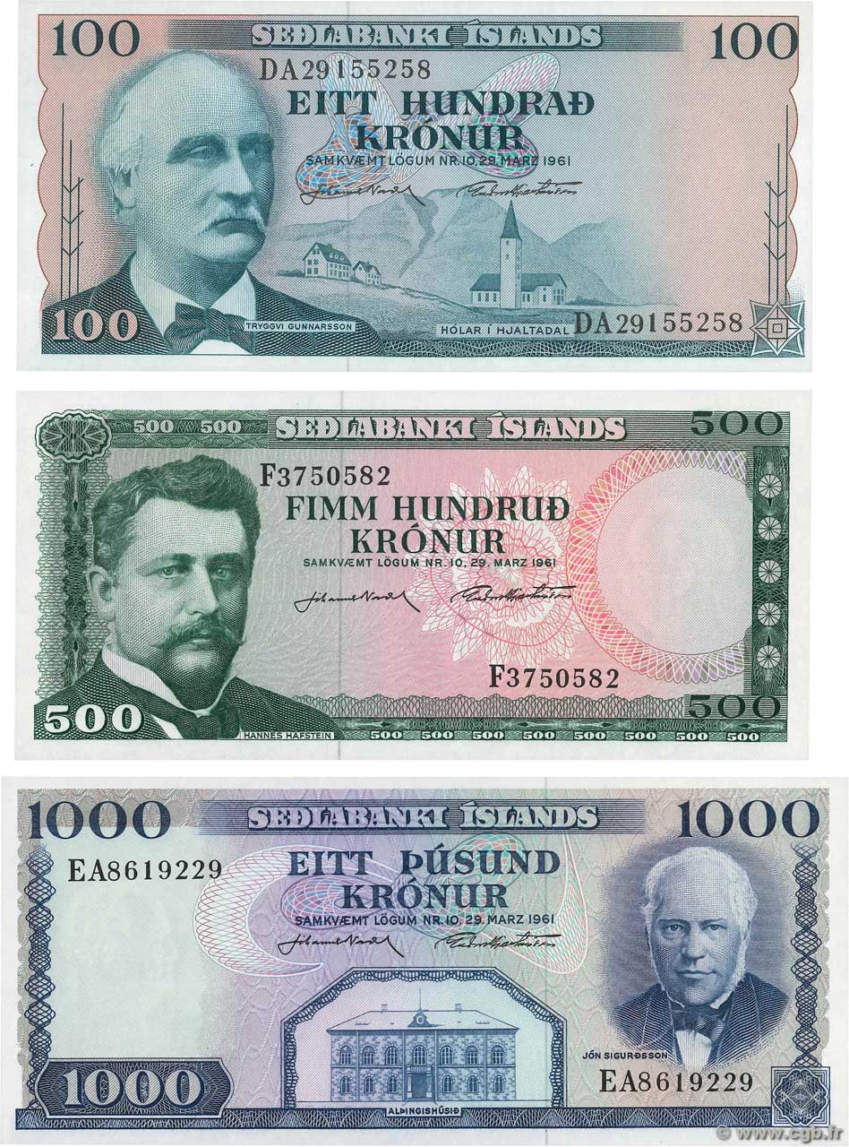 100, 500 et 1000 Kronur Lot ICELAND  1961 P.44a, P.45a et P.46a UNC