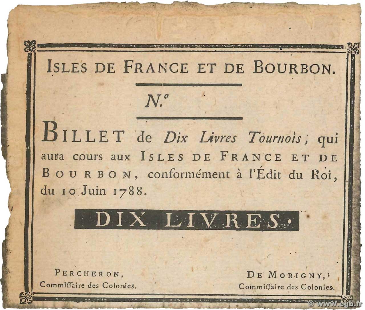 10 Livres  Faux ISOLE DE FRANCIA E BORBONE  1788 P.08x BB