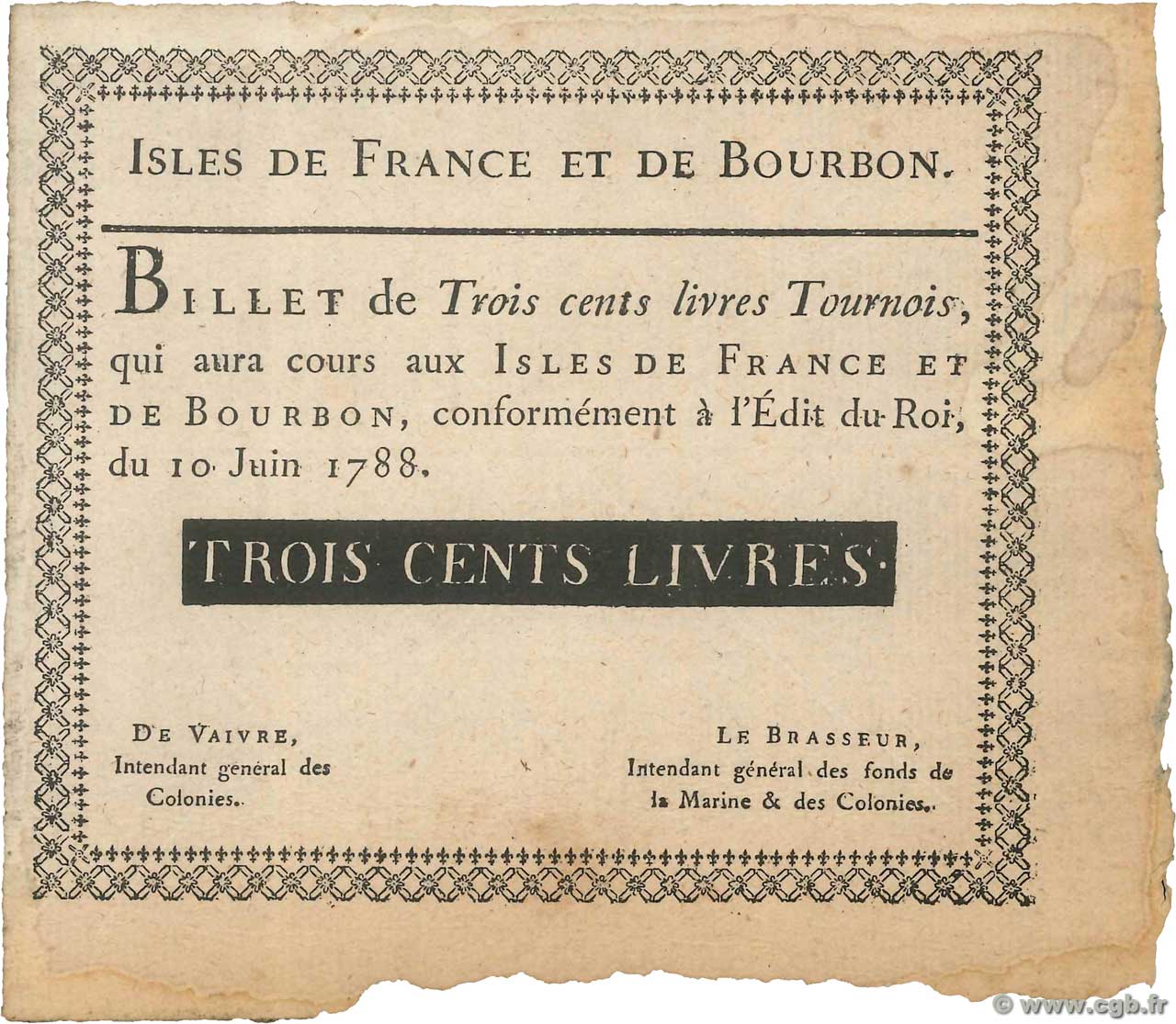 300 Livres  Faux ISOLE DE FRANCIA E BORBONE  1788 P.11x SPL