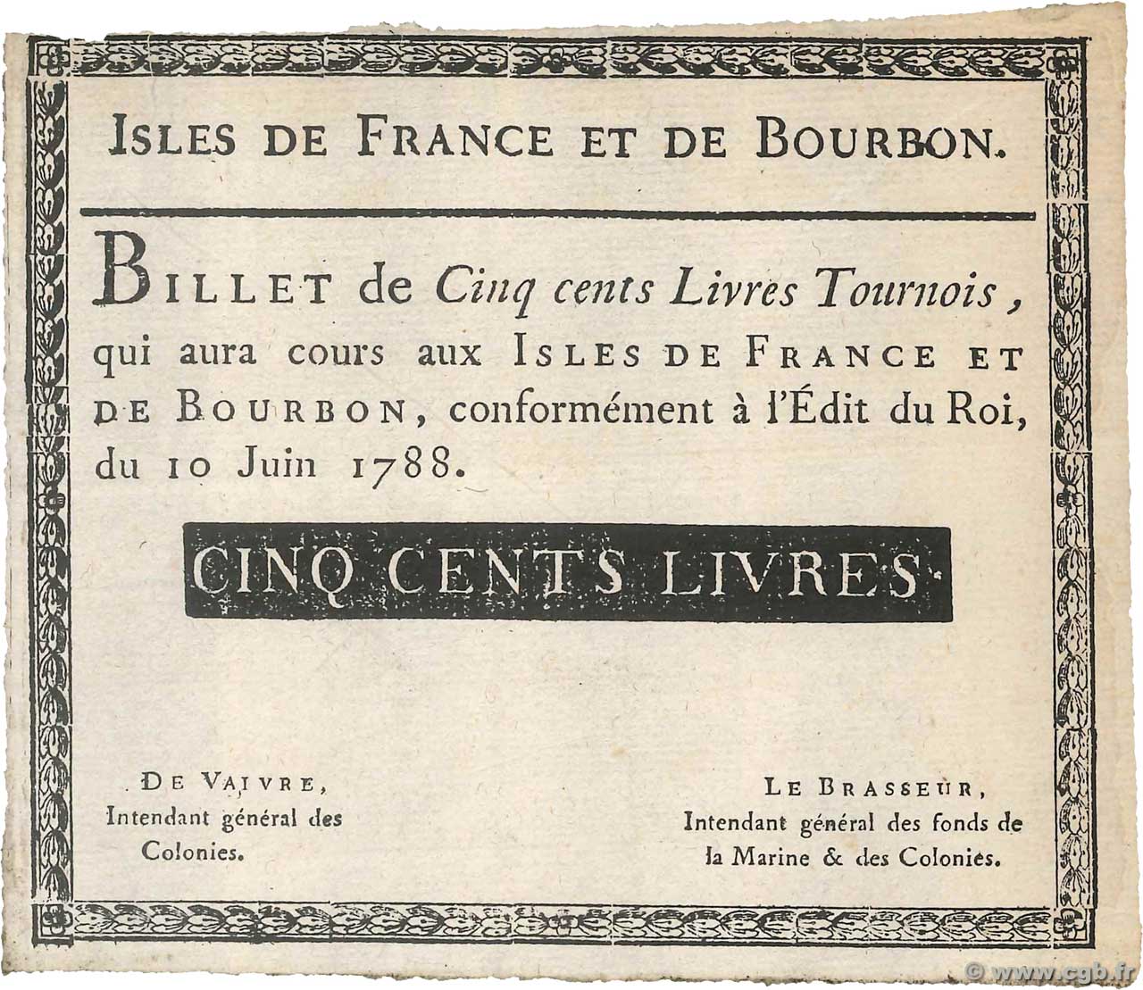 500 Livres Faux ISLES OF FRANCE AND BOURBON  1788 P.12x XF