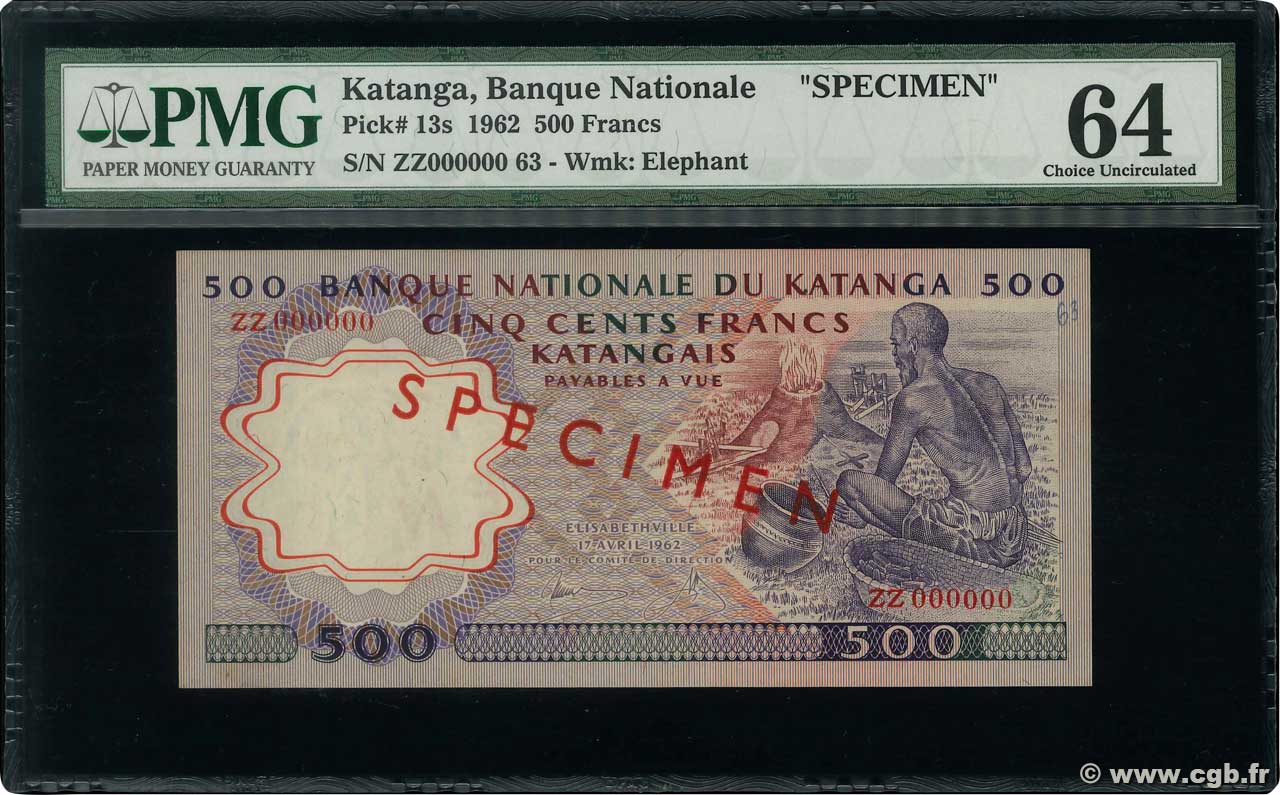 500 Francs Spécimen KATANGA  1962 P.13s SC+