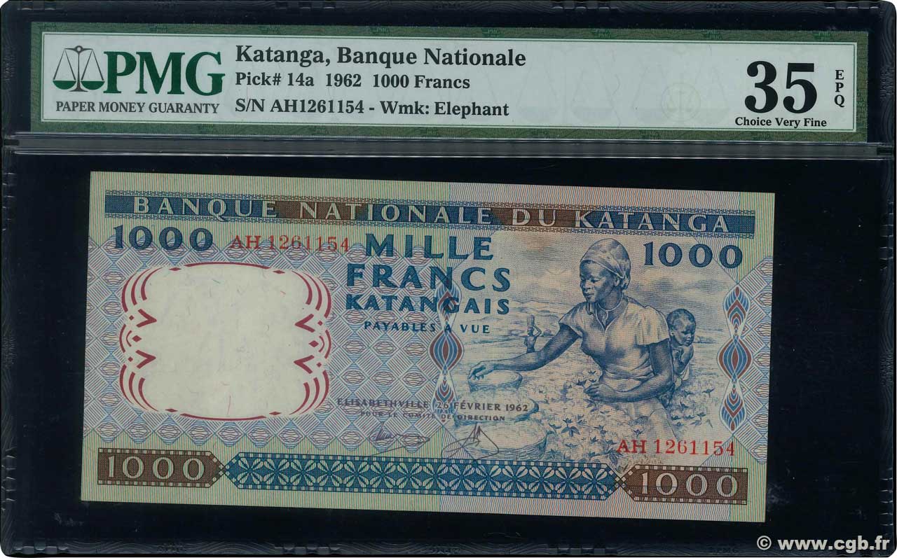 1000 Francs KATANGA  1962 P.14a fVZ