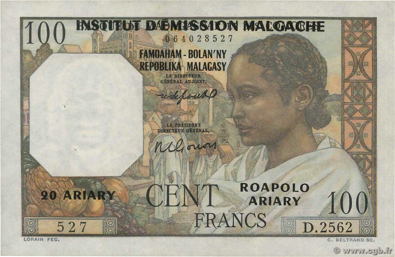 100 Francs - 20 Ariary MADAGASCAR  1961 P.052 AU
