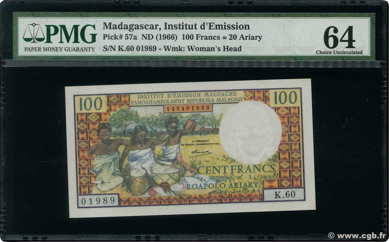 100 Francs - 20 Ariary MADAGASCAR  1966 P.057a pr.NEUF