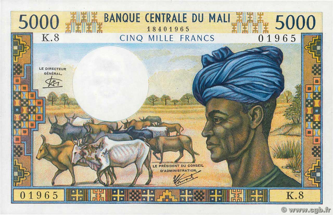 5000 Francs MALI  1984 P.14e AU+