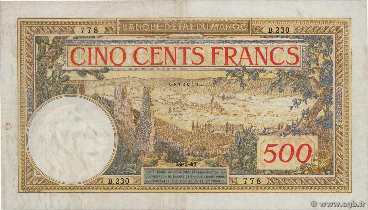 500 Francs MOROCCO  1947 P.15b VF
