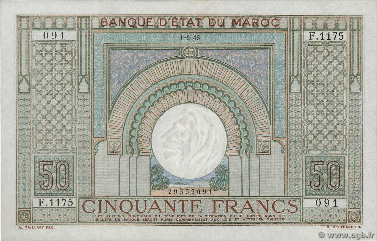 50 Francs MAROCCO  1947 P.21 AU