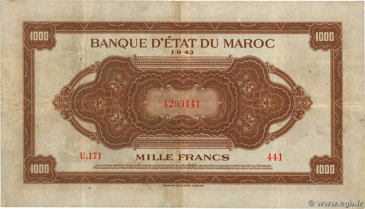1000 Francs MAROKKO  1943 P.28 SS