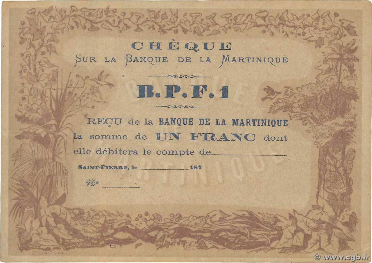 1 Franc  Non émis MARTINIQUE  1870 P.05A q.SPL