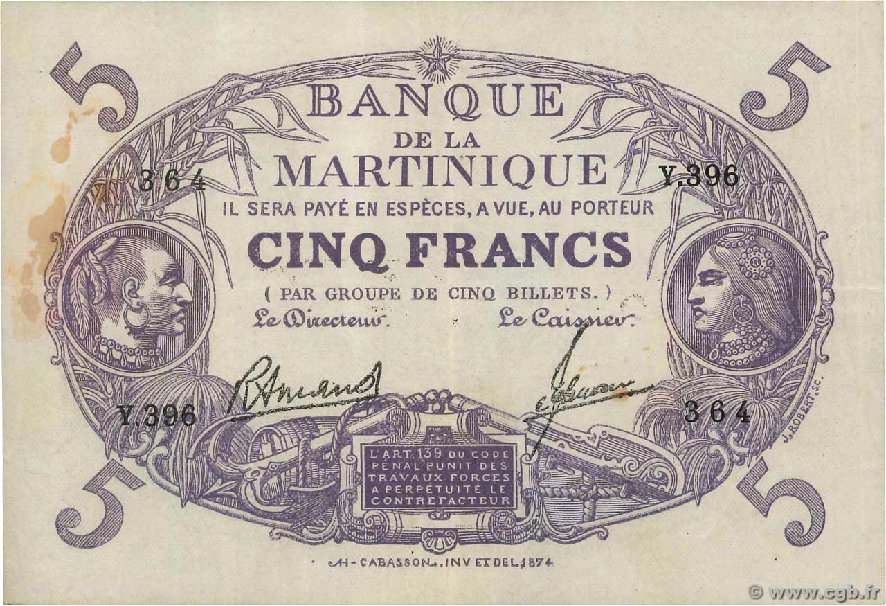 5 Francs Cabasson violet MARTINIQUE  1945 P.06 VF
