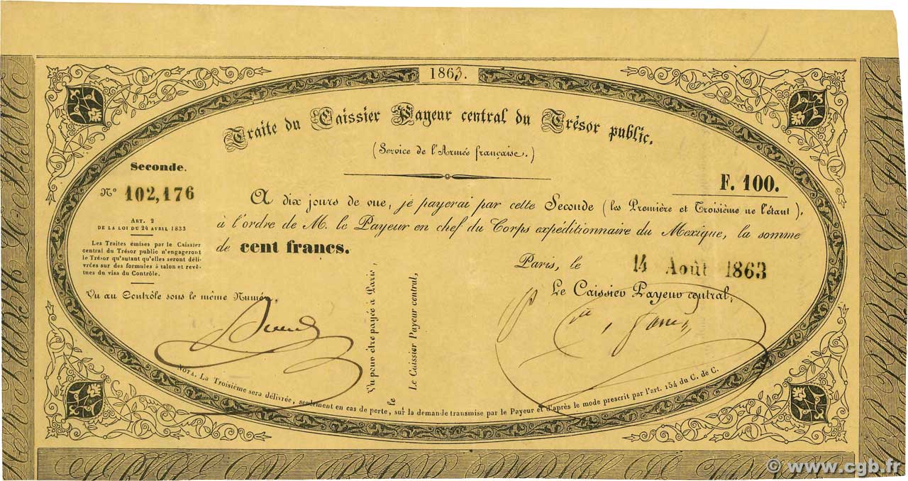 100 Francs MEXIQUE Mexico 1863 Kol.8 ou 9(var) TTB+