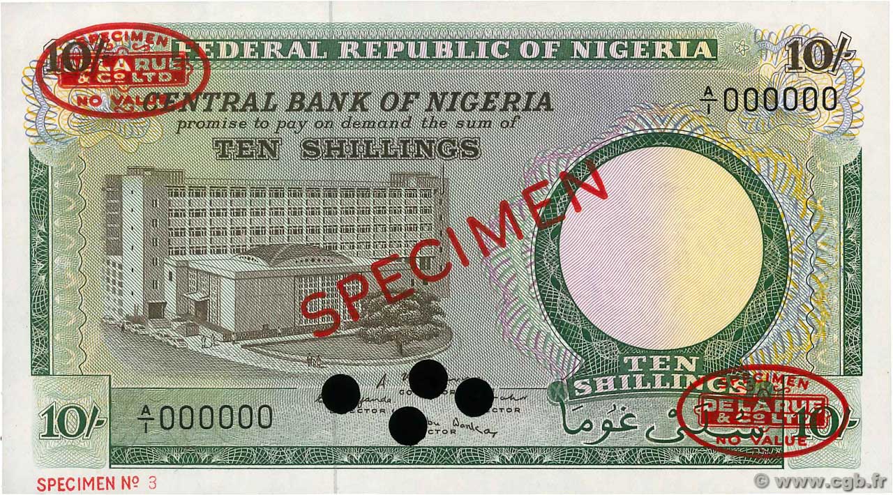 10 Shillings Spécimen NIGERIA  1967 P.07s UNC-
