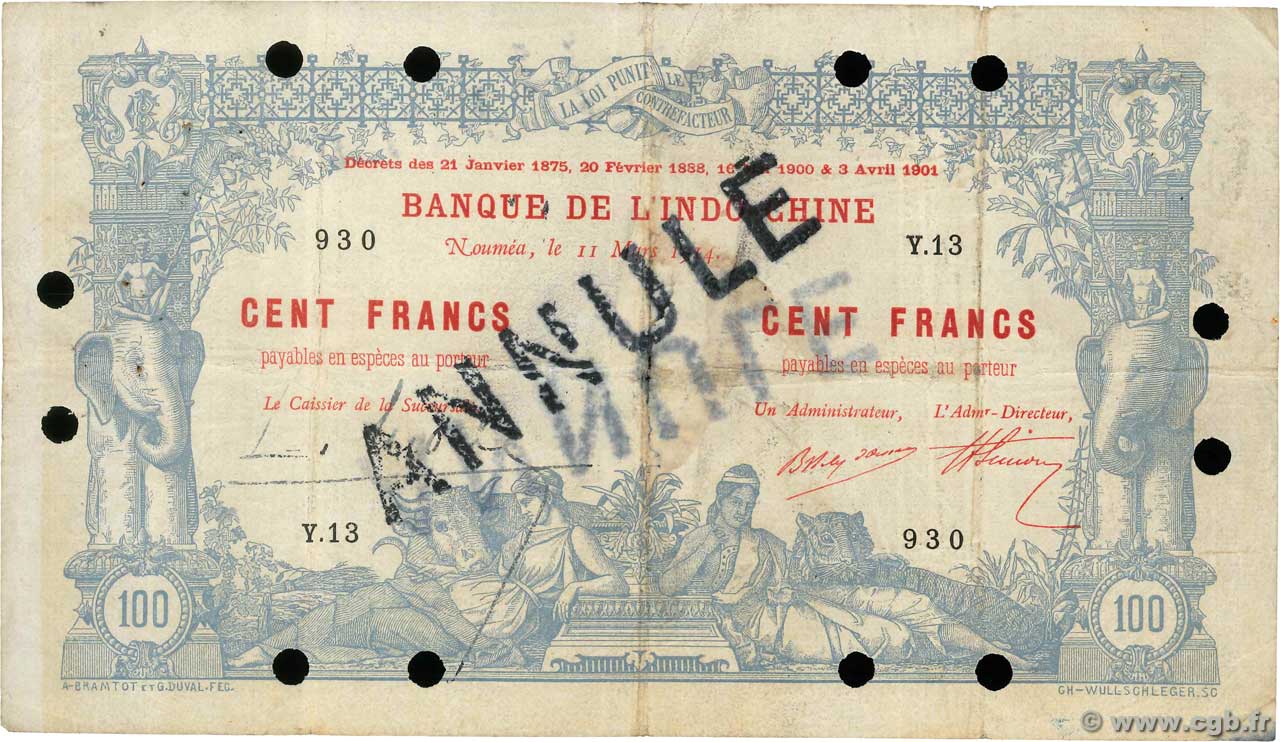 100 Francs  Annulé NOUVELLE CALÉDONIE  1914 P.17 BC