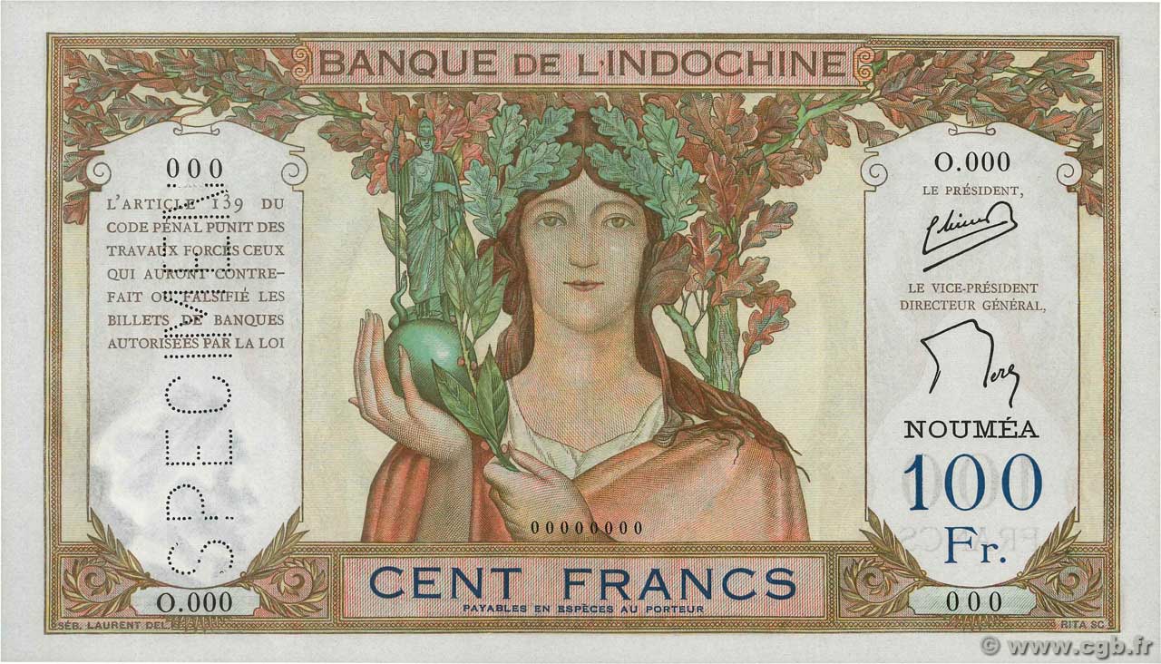 100 Francs Spécimen NOUVELLE CALÉDONIE  1957 P.42ds SC+