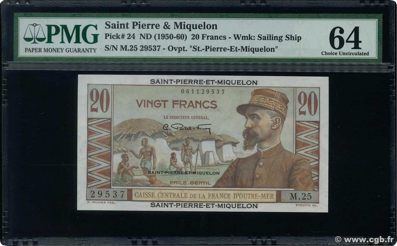 20 Francs E.Gentil SAINT PIERRE E MIQUELON  1950 P.24 FDC