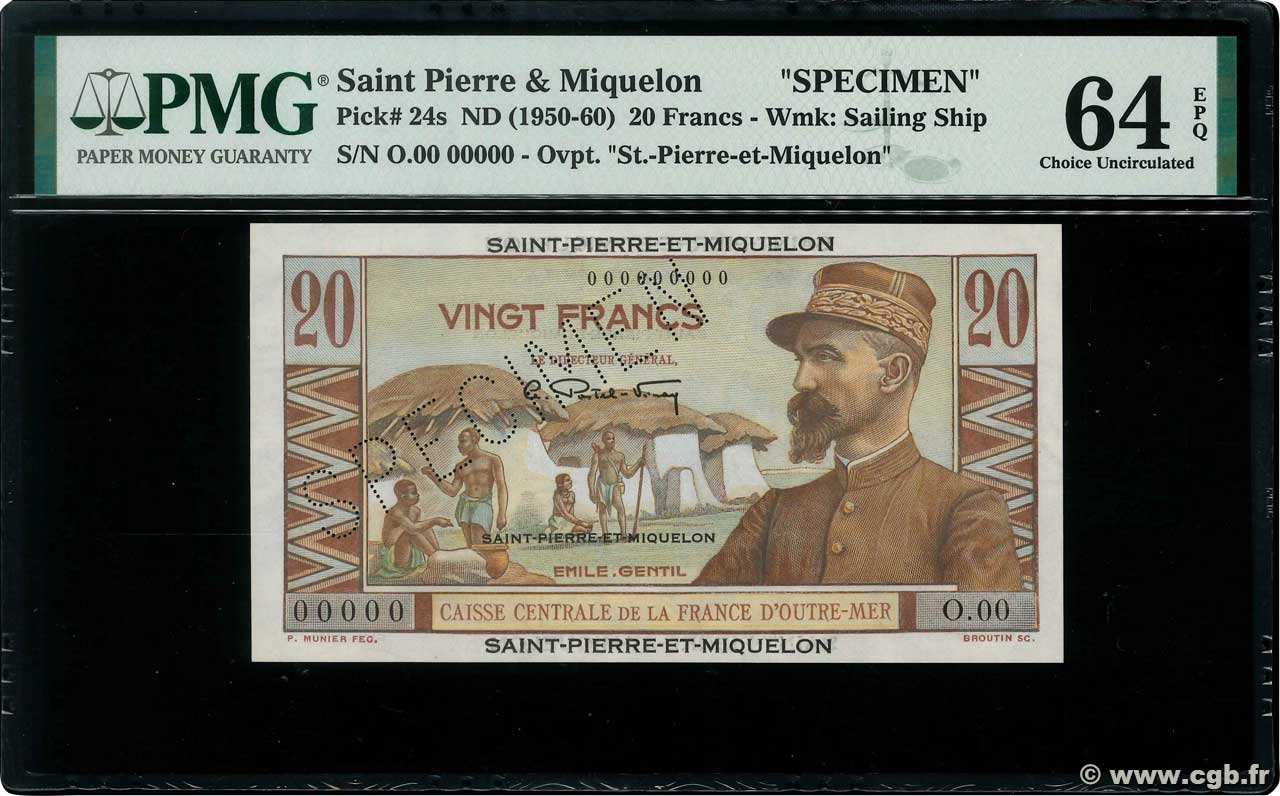 20 Francs Emile Gentil Spécimen SAN PEDRO Y MIGUELóN  1950 P.24s SC+