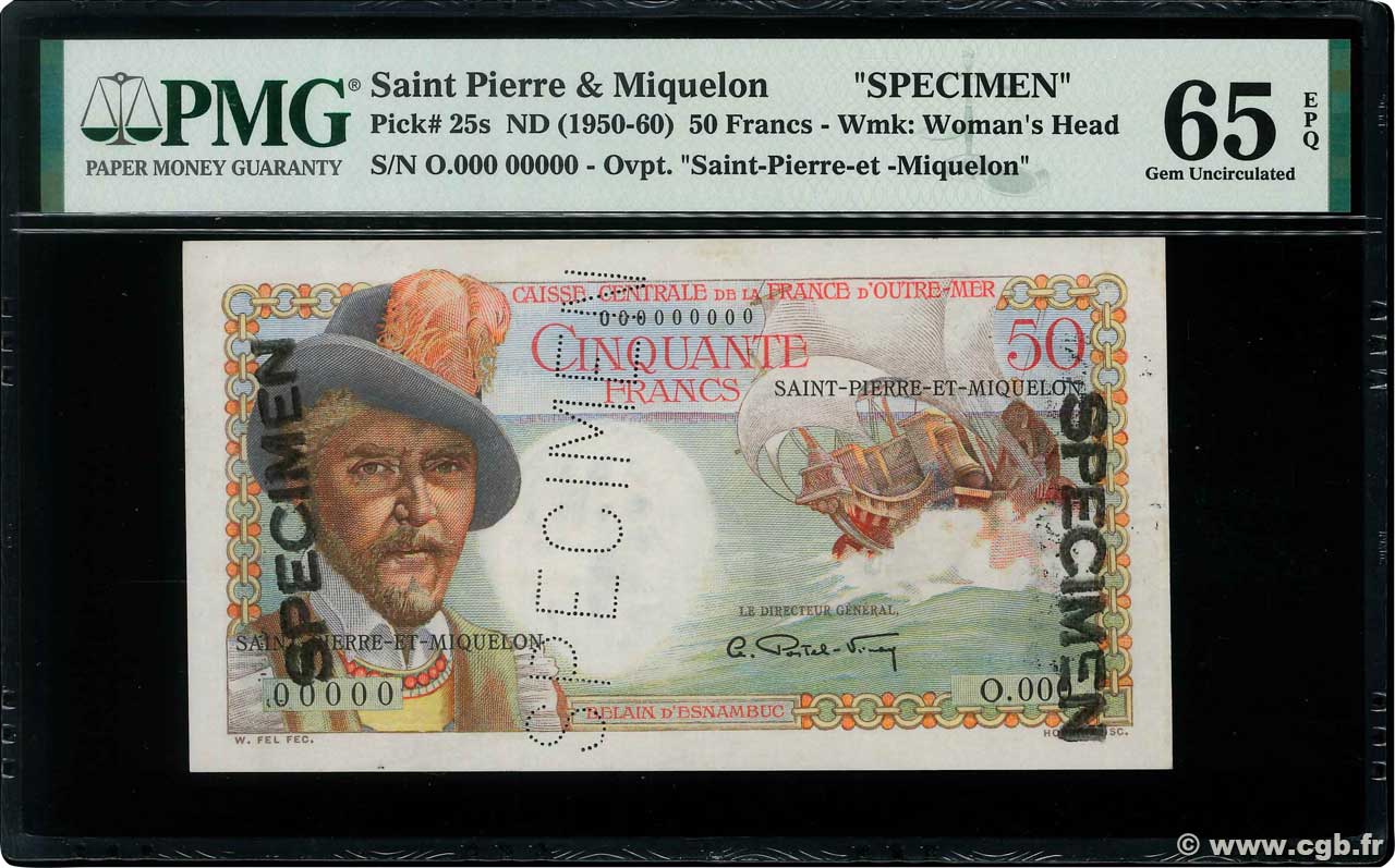 50 Francs Belain d Esnambuc Spécimen SAINT PIERRE AND MIQUELON  1946 P.25s UNC