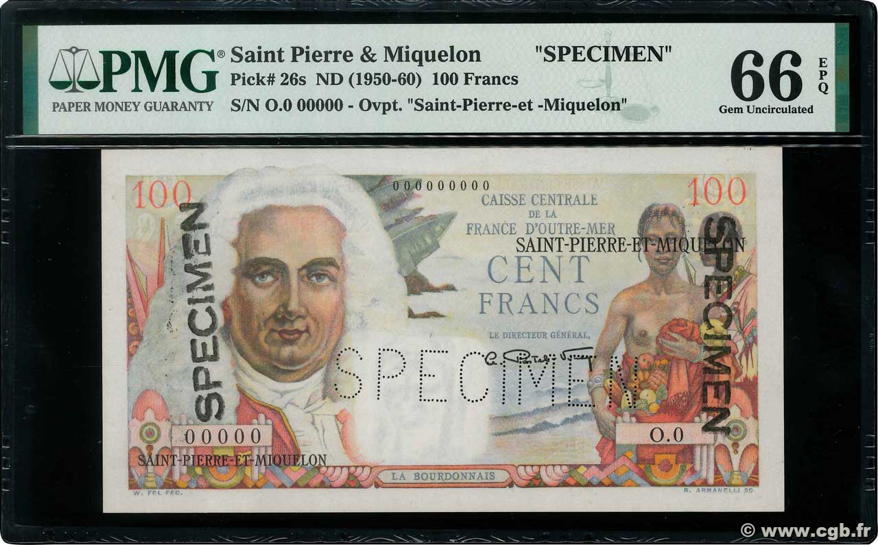 100 Francs La Bourdonnais Spécimen SAINT-PIERRE UND MIQUELON  1946 P.26s ST